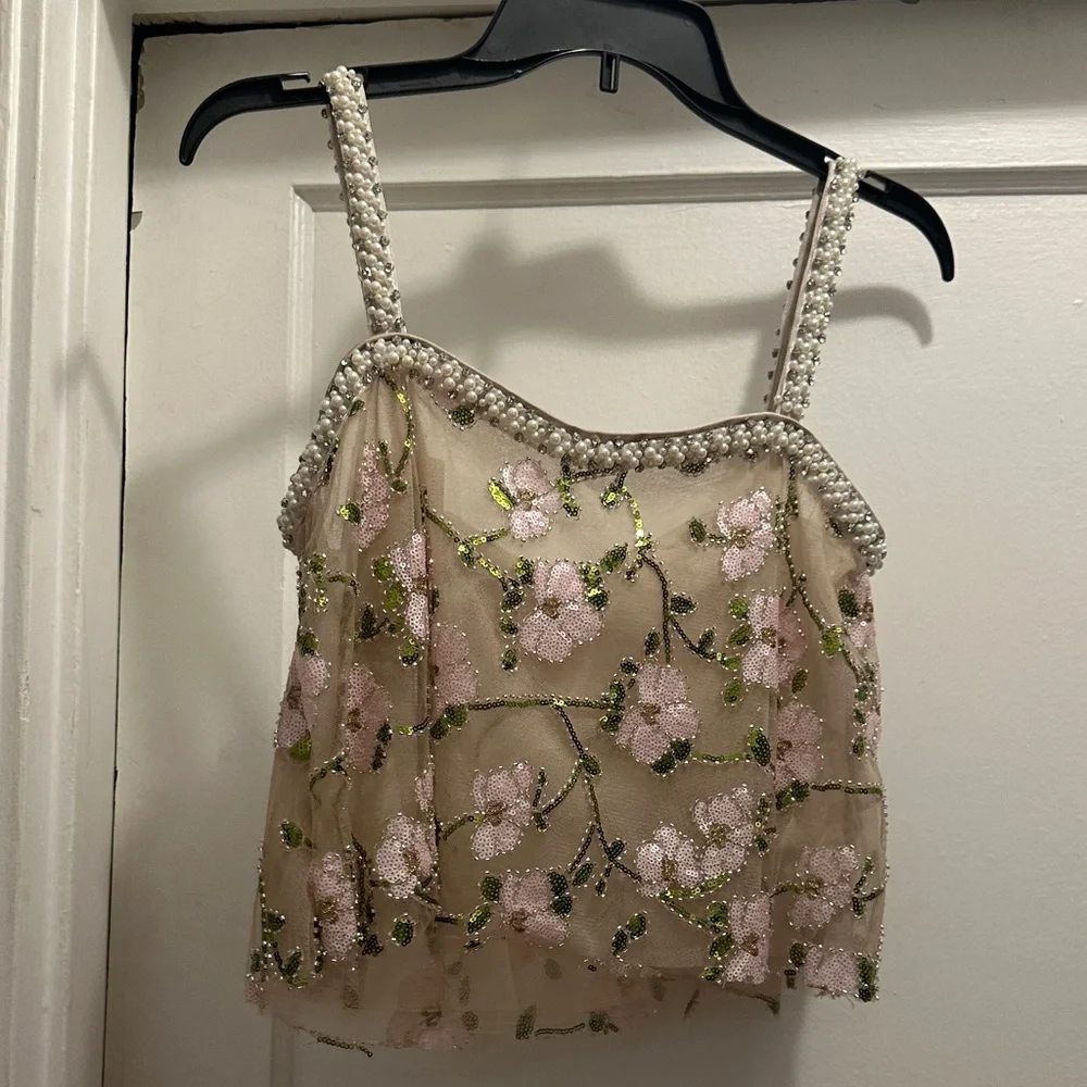 Elegant Floral Embroidered Skirt Set in Cream, Green and Pink